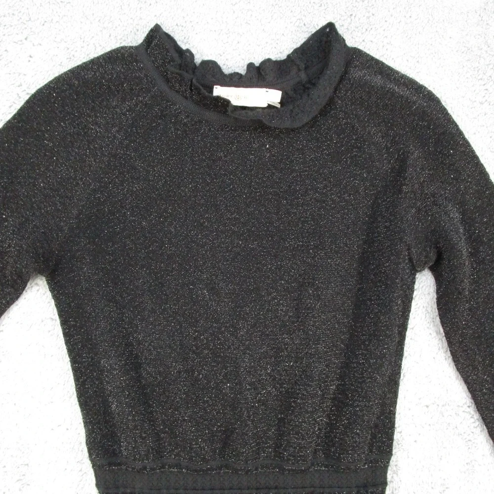 Tory Burch Black Metallic Knit Dress Ruffle Neck Long Sleeve Wool Blend XS 31060